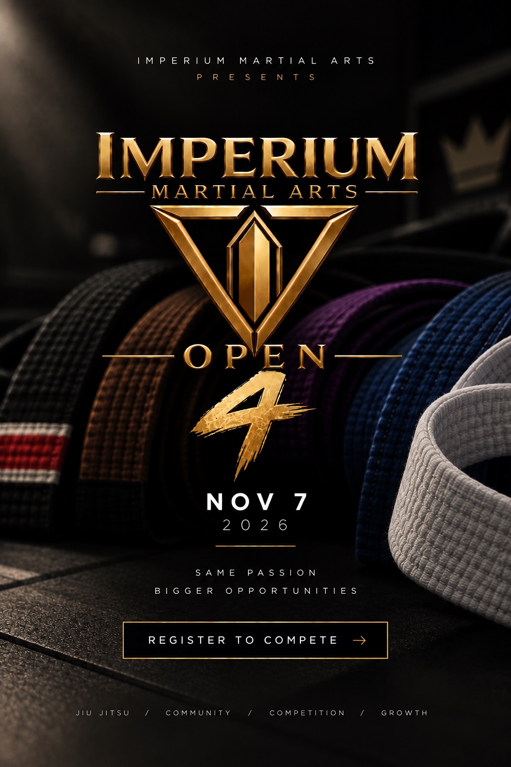 Imperium Open 4 presented by Imperium Martial Arts. November 7, 2026. Compete. Test your game. Push your limits.